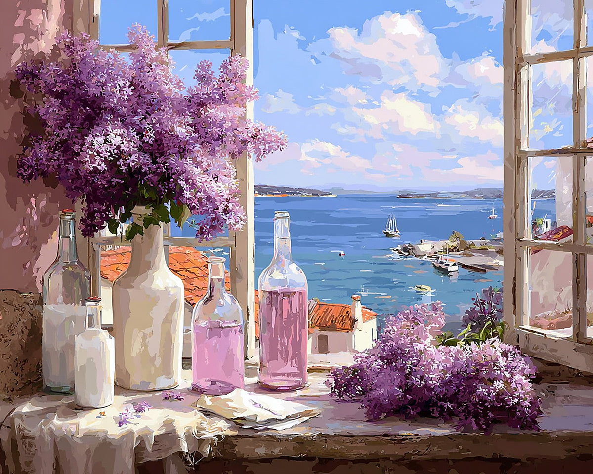 Lilacs in window with sea view cross stitch kit for beginners