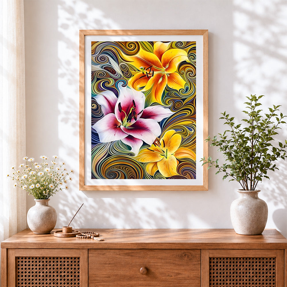 Finished lilies on swirling background cross stitch artwork displayed