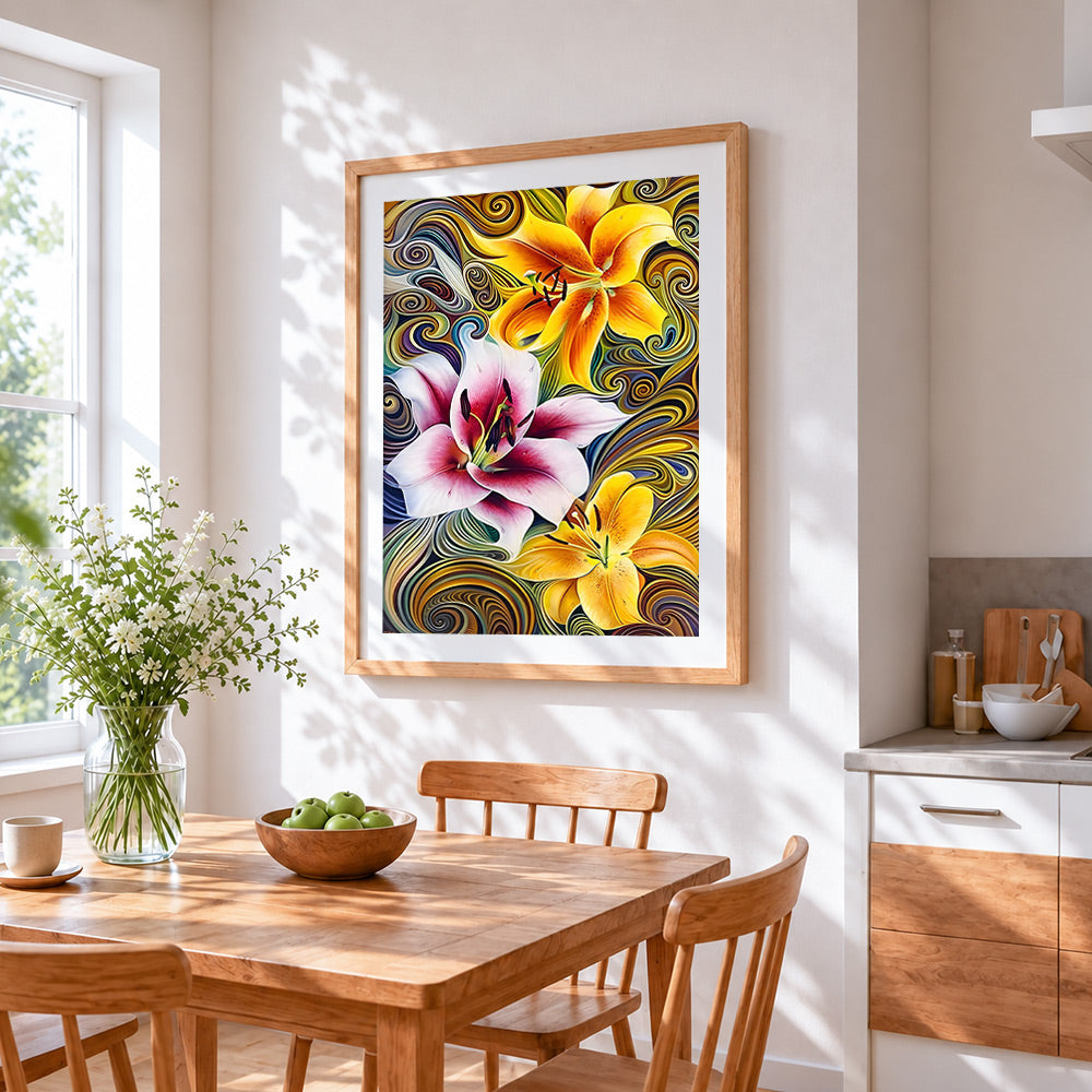 Lilies on swirling background cross stitch artwork displayed on wall as home decor