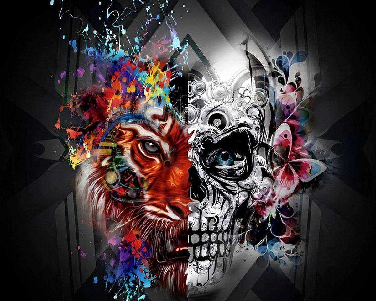Lion and skull split face cross stitch kit for beginners
