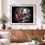 Finished lion and skull split face paint by numbers artwork displayed as home decor