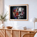 Lion and skull split face paint by numbers artwork displayed on wall as home decor
