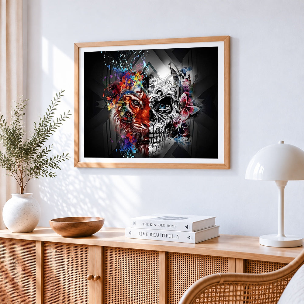 Lion and skull split face paint by numbers artwork displayed on wall as home decor