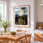 Lion cub reflection cross stitch artwork displayed on wall as home decor