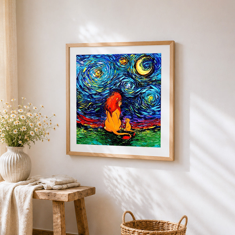Lion king under starry night cross stitch artwork displayed on wall as home decor
