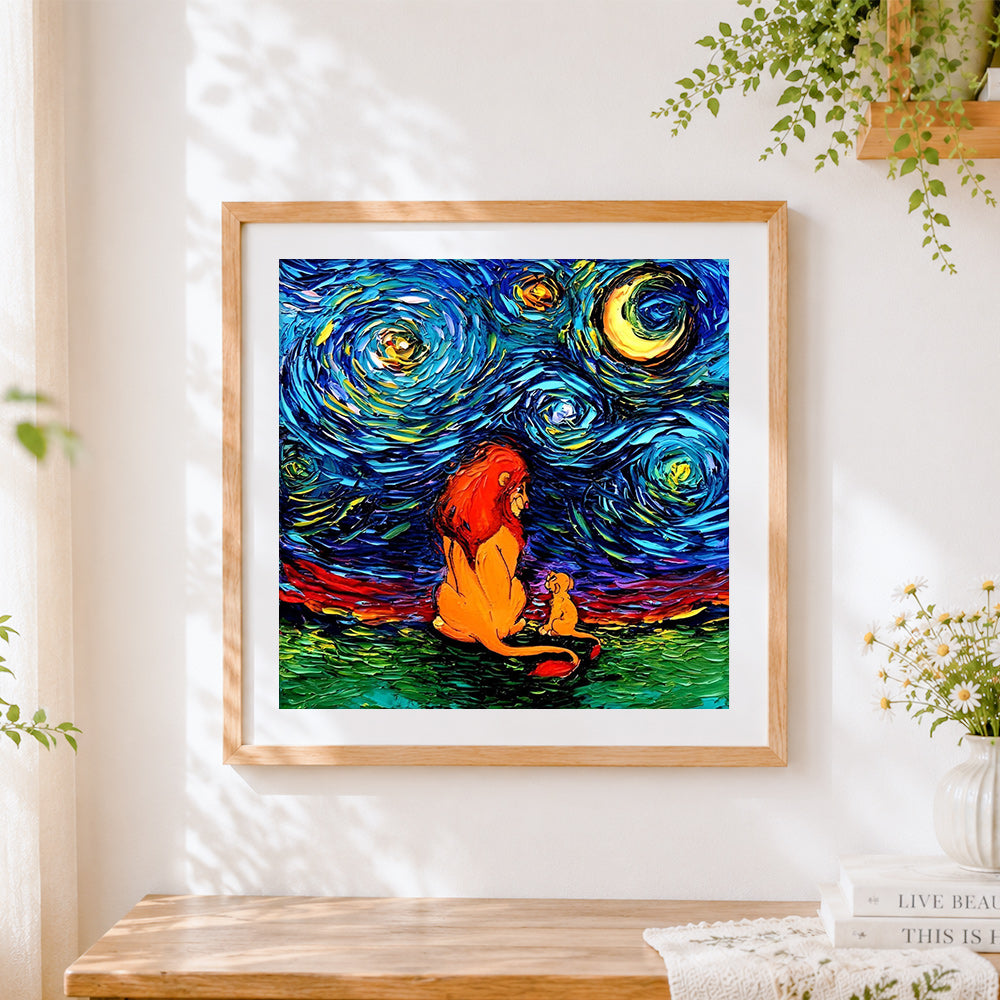 Finished lion king under starry night paint by numbers artwork displayed as home decor