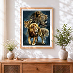 Finished lion pride family cross stitch artwork displayed
