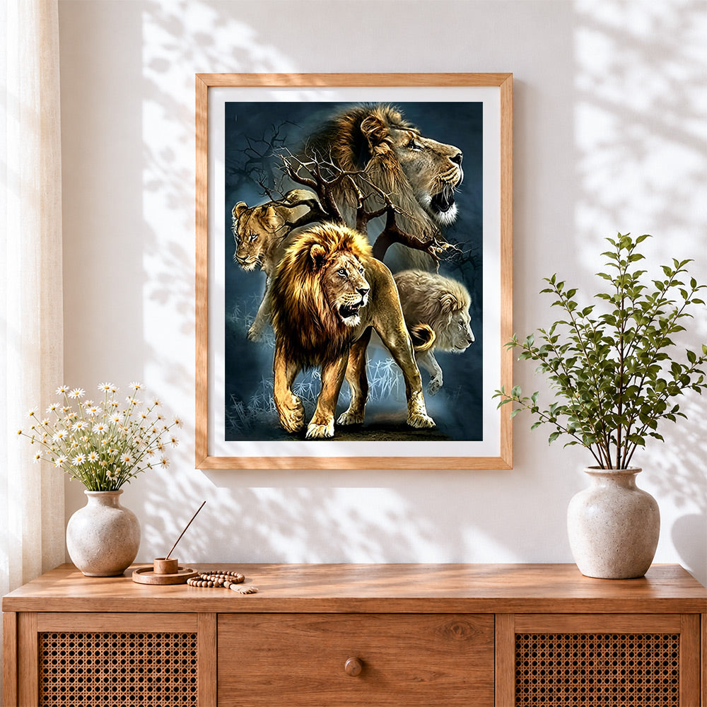 Finished lion pride family cross stitch artwork displayed