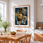 Lion pride family cross stitch artwork displayed on wall as home decor