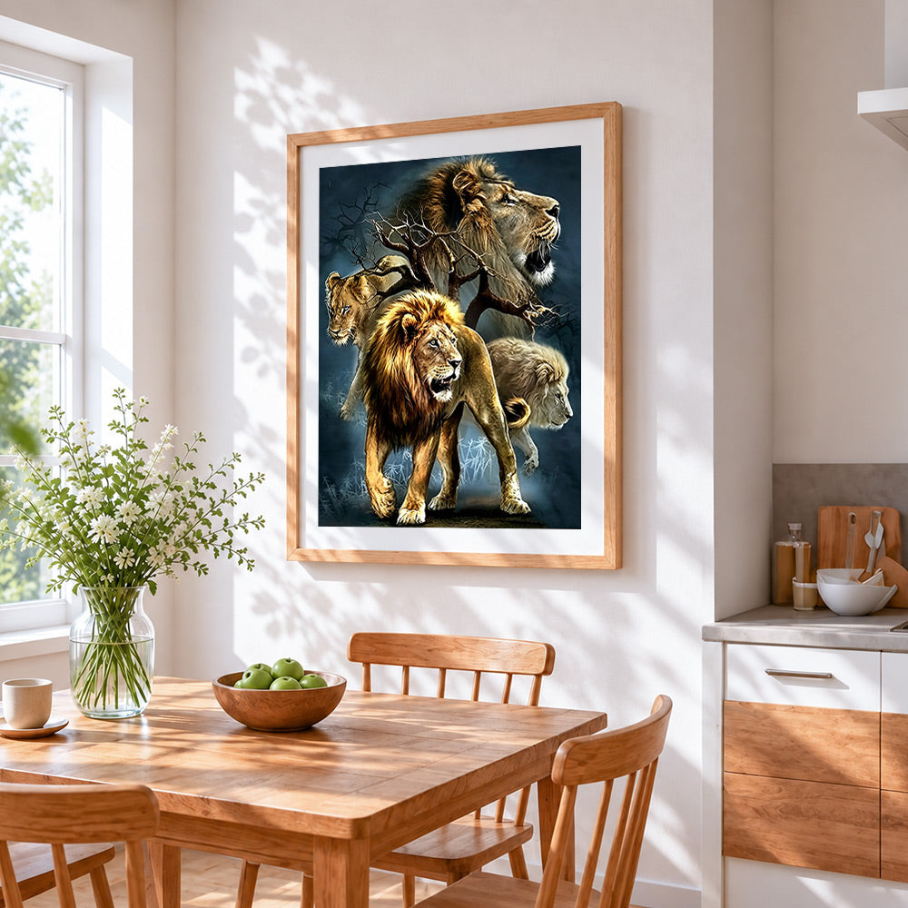 Lion pride family cross stitch artwork displayed on wall as home decor