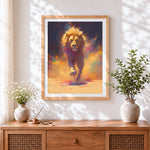 Finished lion running with colour splash cross stitch artwork displayed