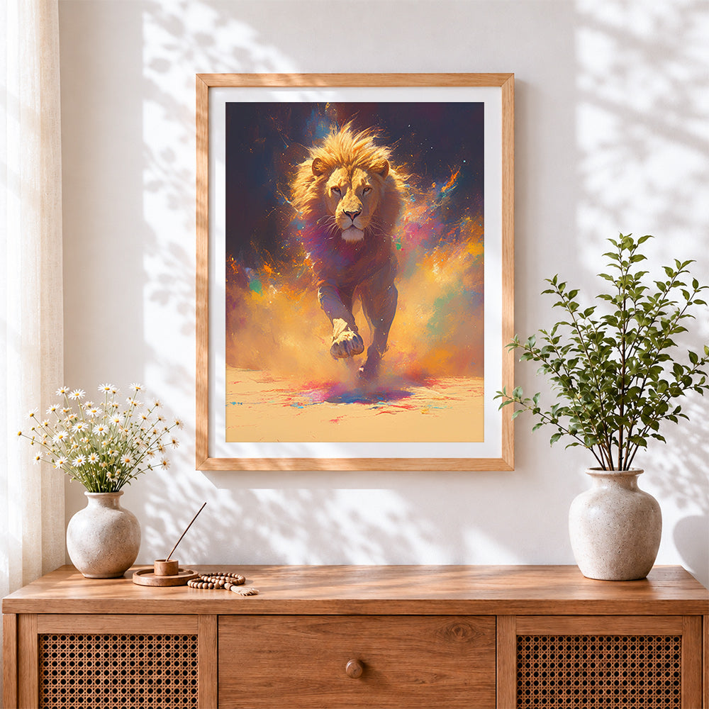 Finished lion running with colour splash cross stitch artwork displayed