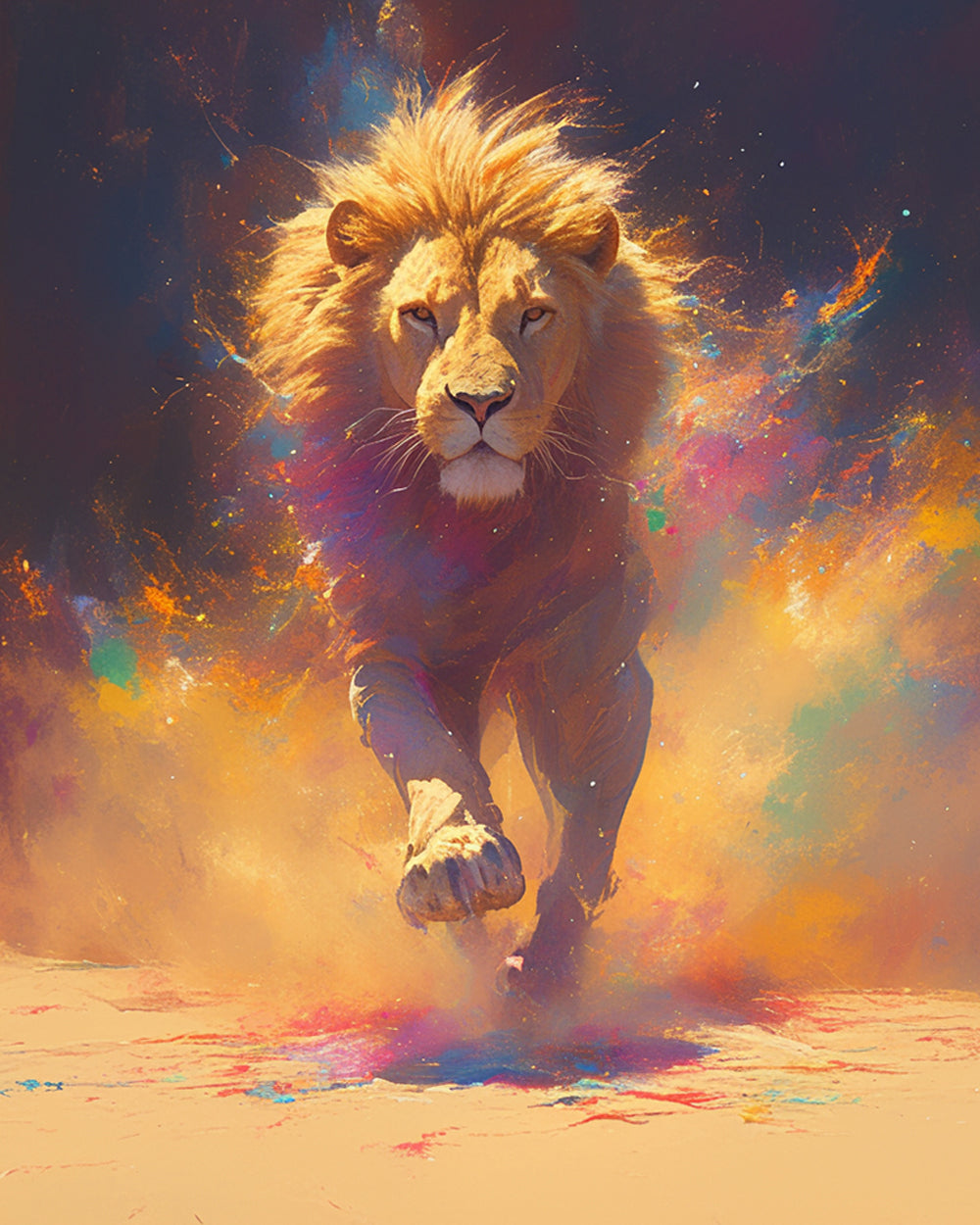 Lion running with colour splash cross stitch kit for beginners