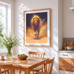 Lion running with colour splash cross stitch artwork displayed on wall as home decor