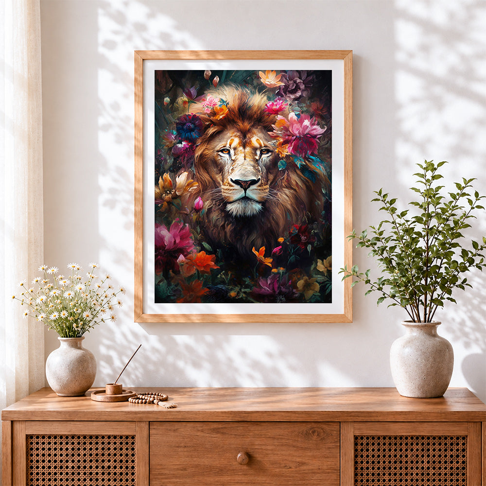 Finished lion surrounded by vibrant flowers cross stitch artwork displayed