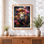 Finished lion surrounded by vibrant flowers cross stitch artwork displayed