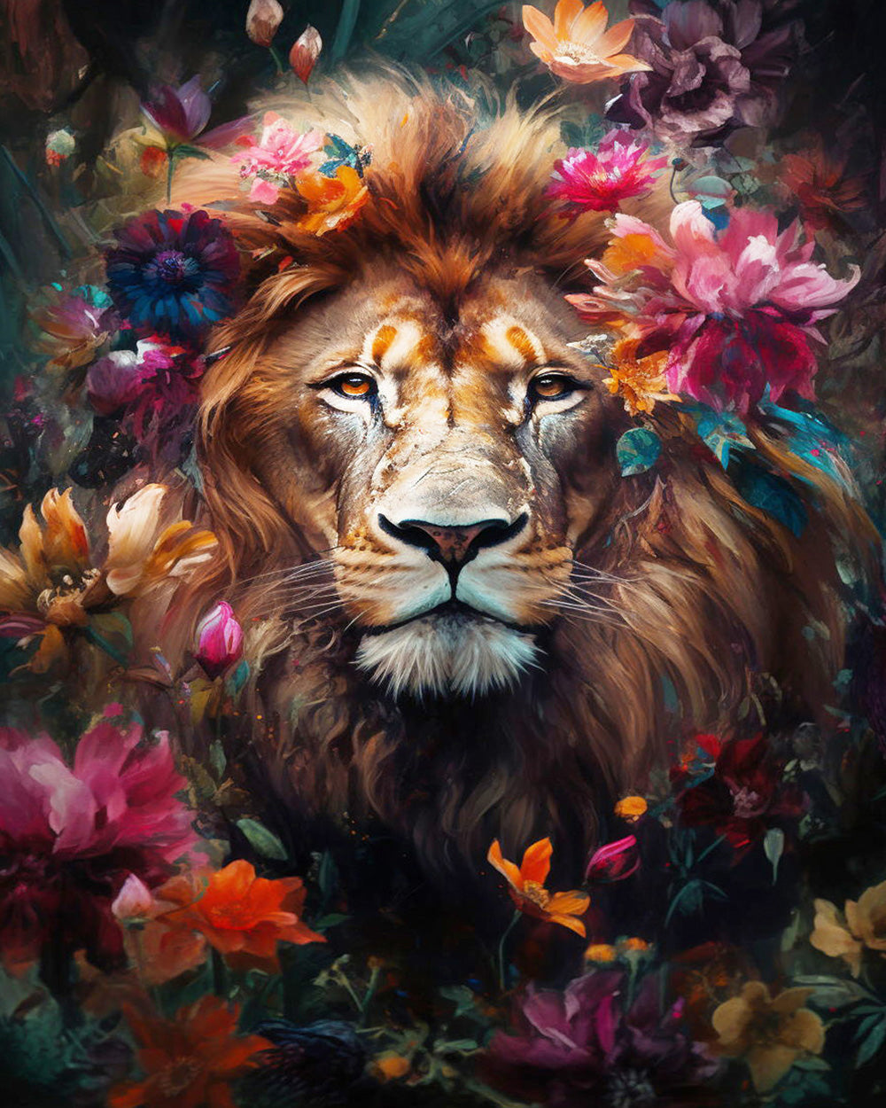 Lion surrounded by vibrant flowers cross stitch kit for beginners