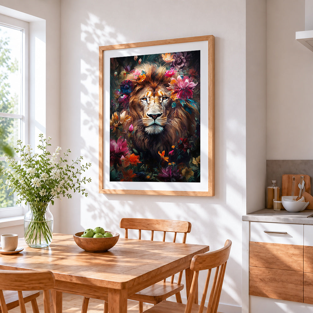 Lion surrounded by vibrant flowers cross stitch artwork displayed on wall as home decor