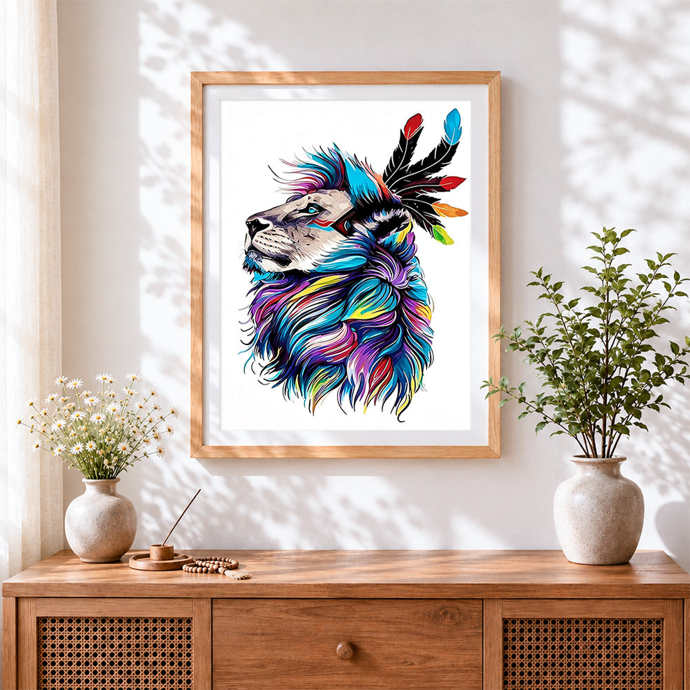 Finished lion with tribal feathers cross stitch artwork displayed