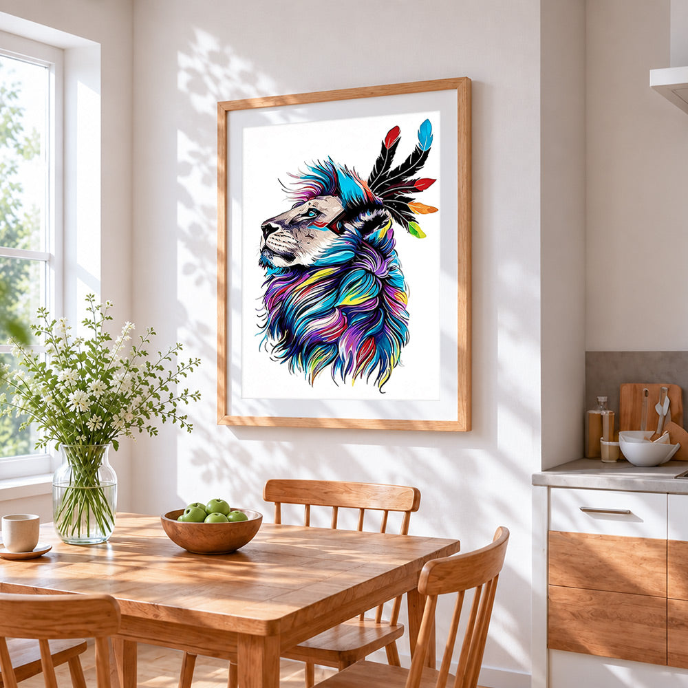 Lion with tribal feathers cross stitch artwork displayed on wall as home decor