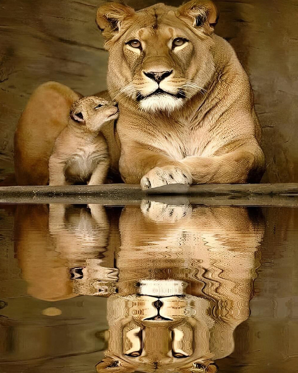Lioness and cub reflection cross stitch kit for beginners