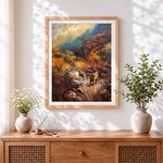 Finished lions on a rocky path in autumn cross stitch artwork displayed