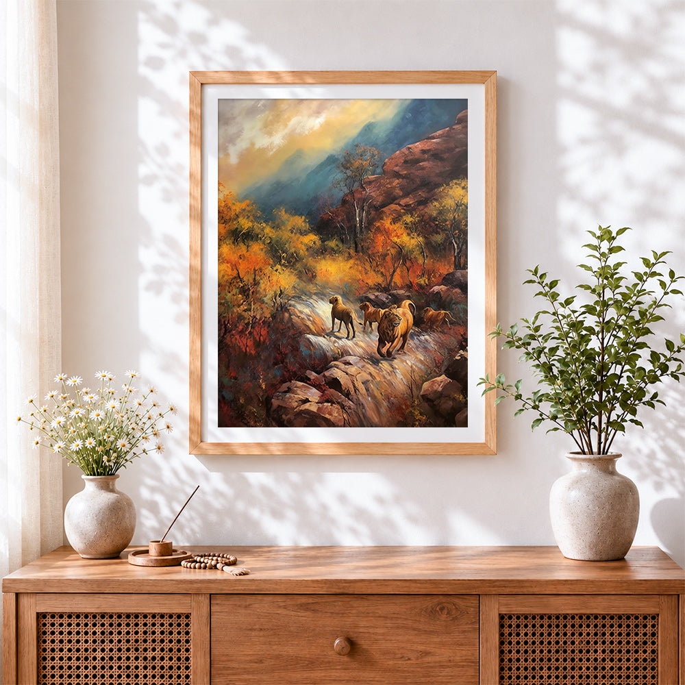Finished lions on a rocky path in autumn cross stitch artwork displayed