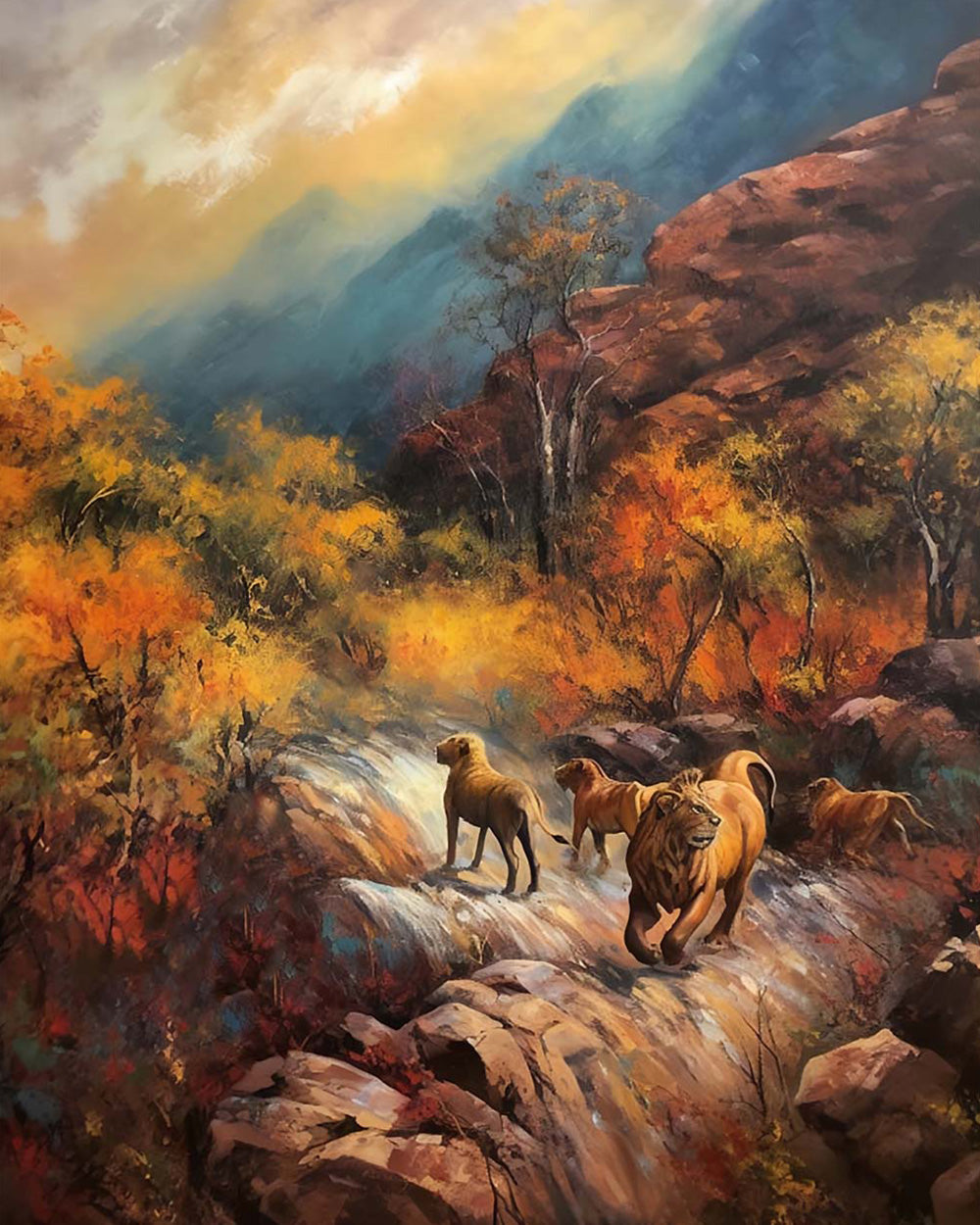 Lions on a rocky path in autumn cross stitch kit for beginners
