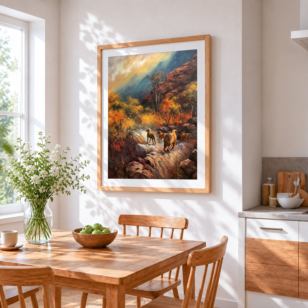 Lions on a rocky path in autumn cross stitch artwork displayed on wall as home decor