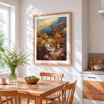 Lions on a rocky path in autumn cross stitch artwork displayed on wall as home decor