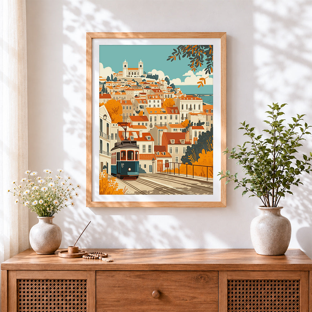 Finished lisbon tram and colourful houses cross stitch artwork displayed