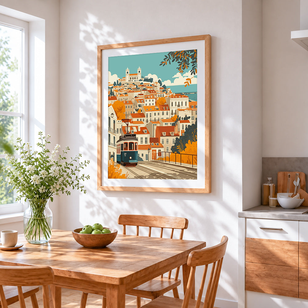 Lisbon tram and colourful houses cross stitch artwork displayed on wall as home decor