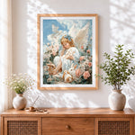 Finished little angel with bunnies and roses cross stitch artwork displayed