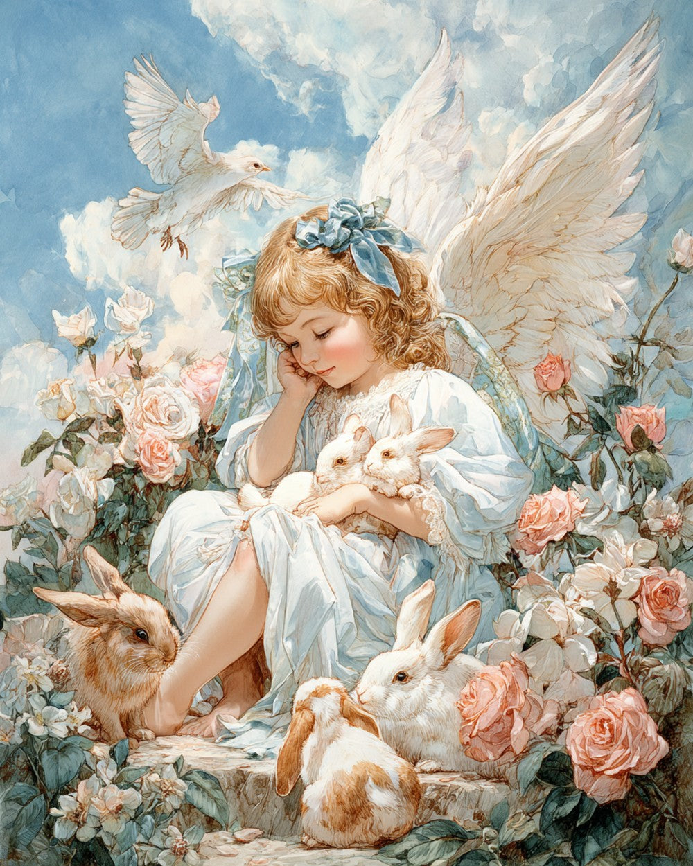 Little angel with bunnies and roses cross stitch kit for beginners