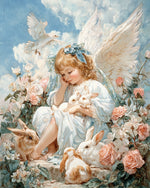 Little angel with bunnies and roses cross stitch kit for beginners