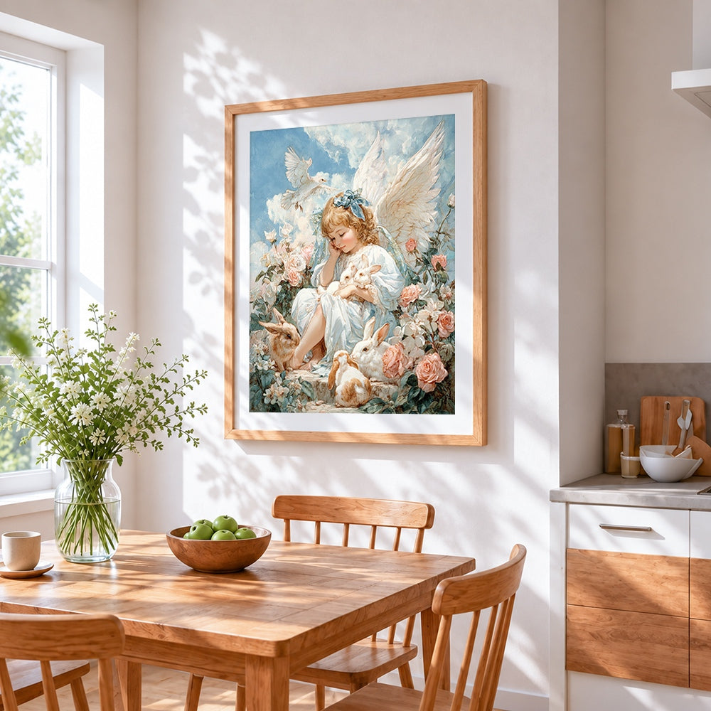 Little angel with bunnies and roses cross stitch artwork displayed on wall as home decor
