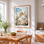 Little angel with bunnies and roses cross stitch artwork displayed on wall as home decor