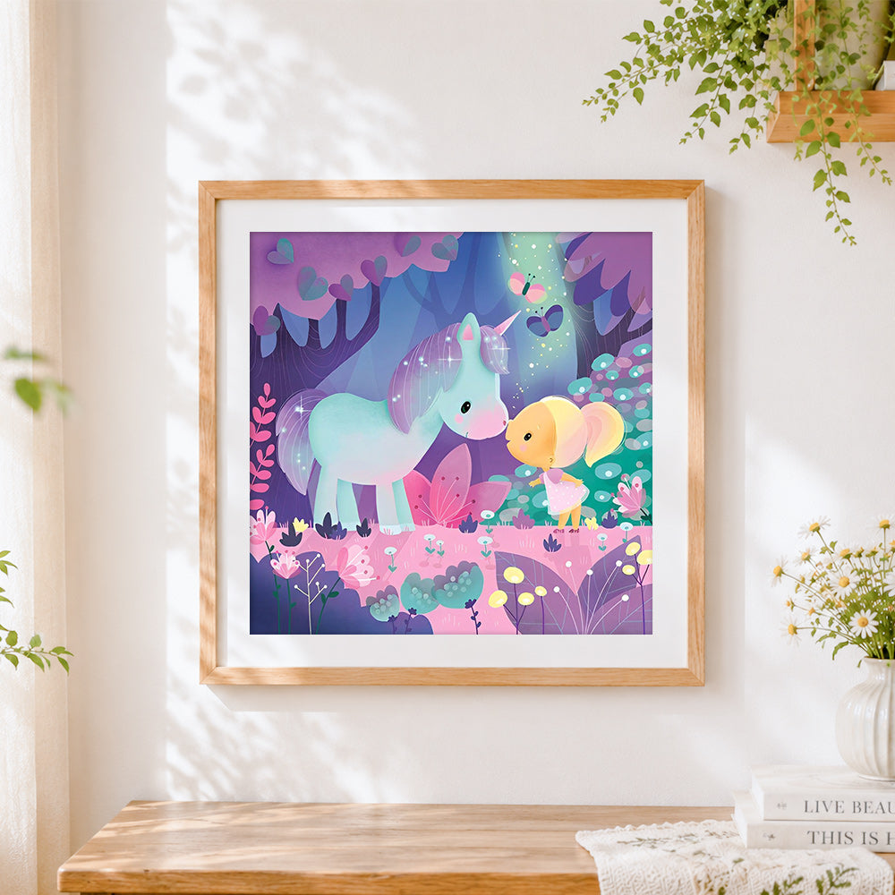 Finished little girl and unicorn in an enchanted forest cross stitch artwork displayed