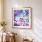 Little girl and unicorn in an enchanted forest cross stitch artwork displayed on wall as home decor