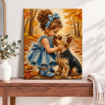 Finished little girl and yorkshire puppy pearl diamond painting artwork displayed as home decor