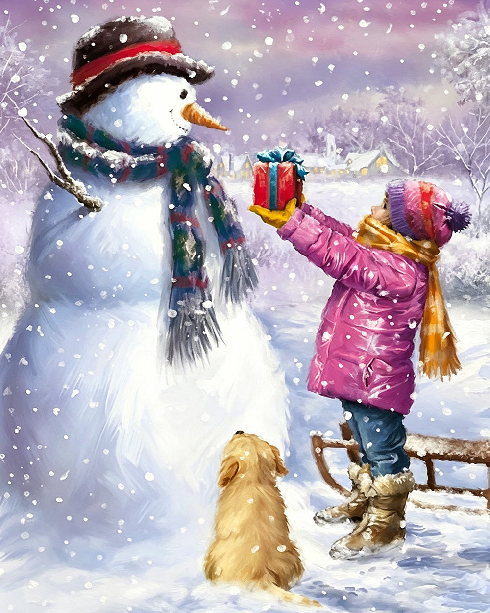 Little girl giving gift to snowman cross stitch kit for beginners