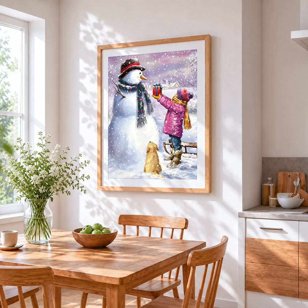 Little girl giving gift to snowman cross stitch artwork displayed on wall as home decor
