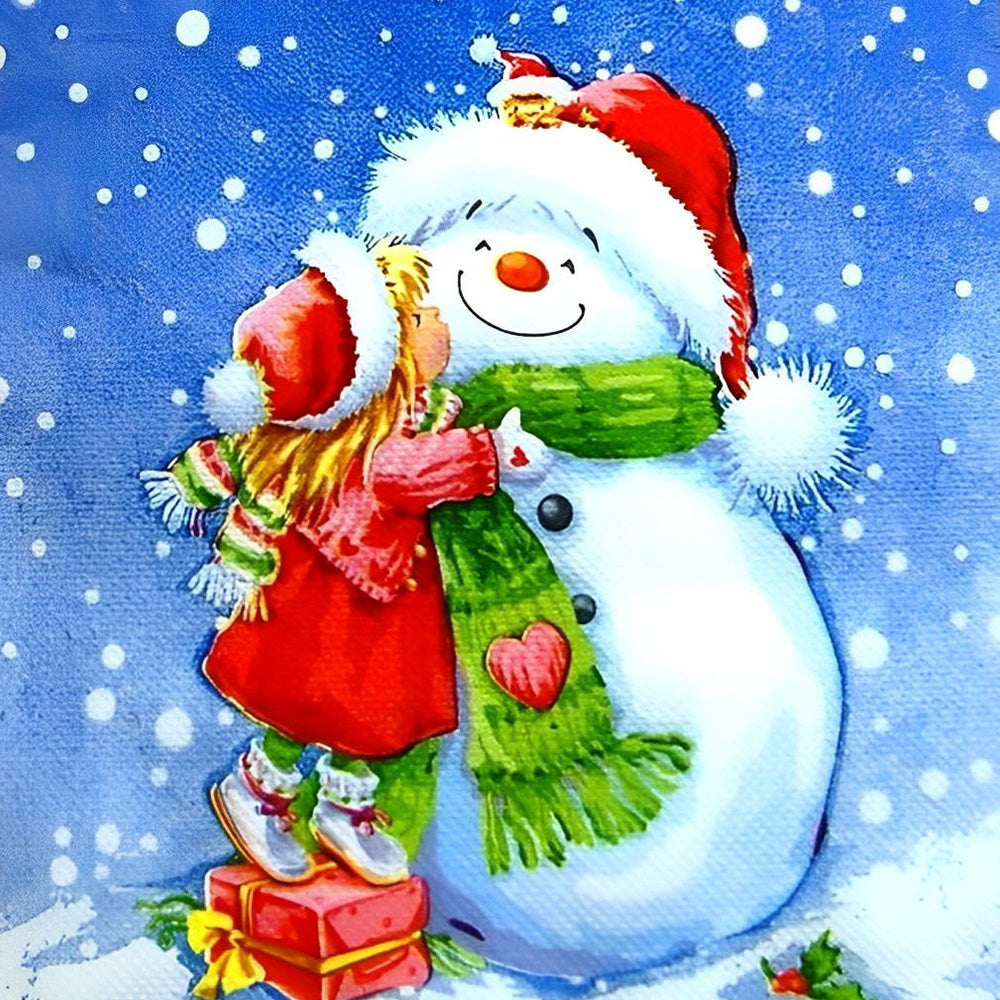 Little girl hugging a snowman cross stitch kit for beginners
