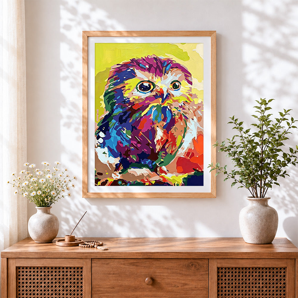 Finished little quirky owl cross stitch artwork displayed