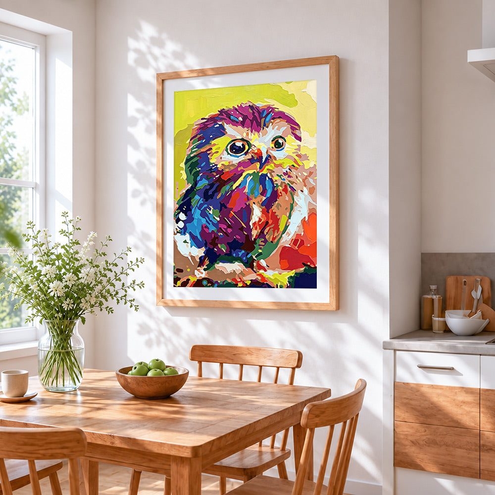Little quirky owl cross stitch artwork displayed on wall as home decor