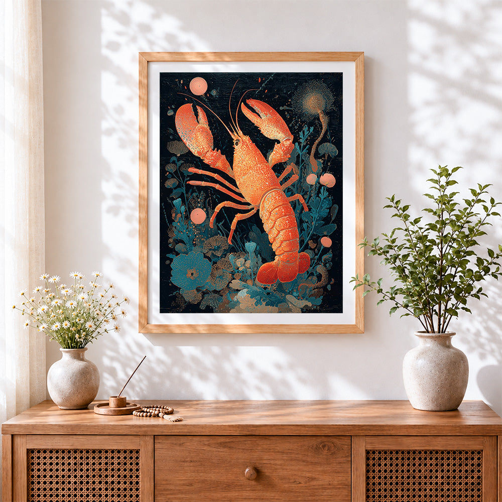 Finished lobster and ocean botanicals paint by numbers artwork displayed as home decor