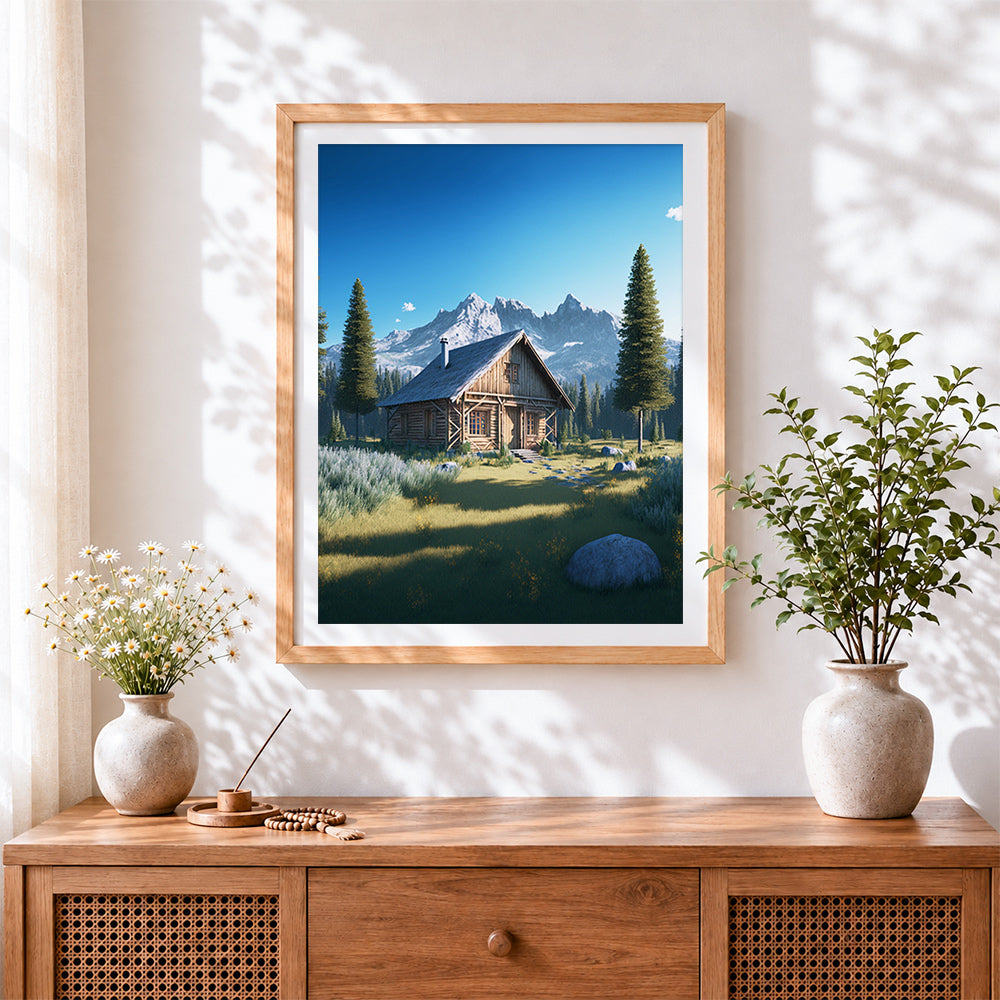 Finished log cabin and snowy mountains cross stitch artwork displayed