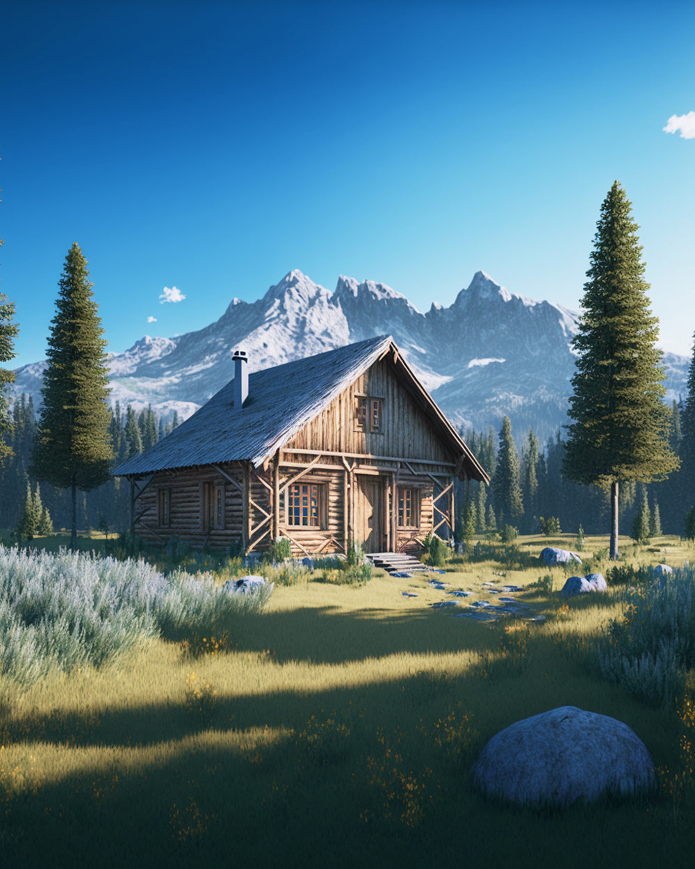 Log cabin and snowy mountains cross stitch kit for beginners