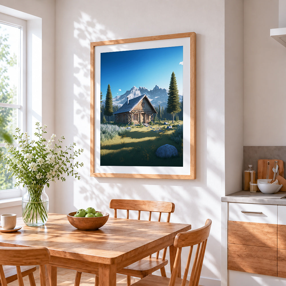 Log cabin and snowy mountains cross stitch artwork displayed on wall as home decor