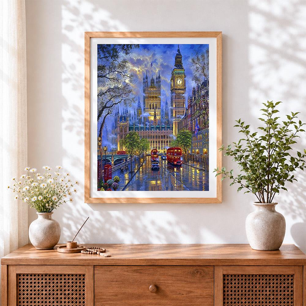 Finished london big ben and red bus at night cross stitch artwork displayed